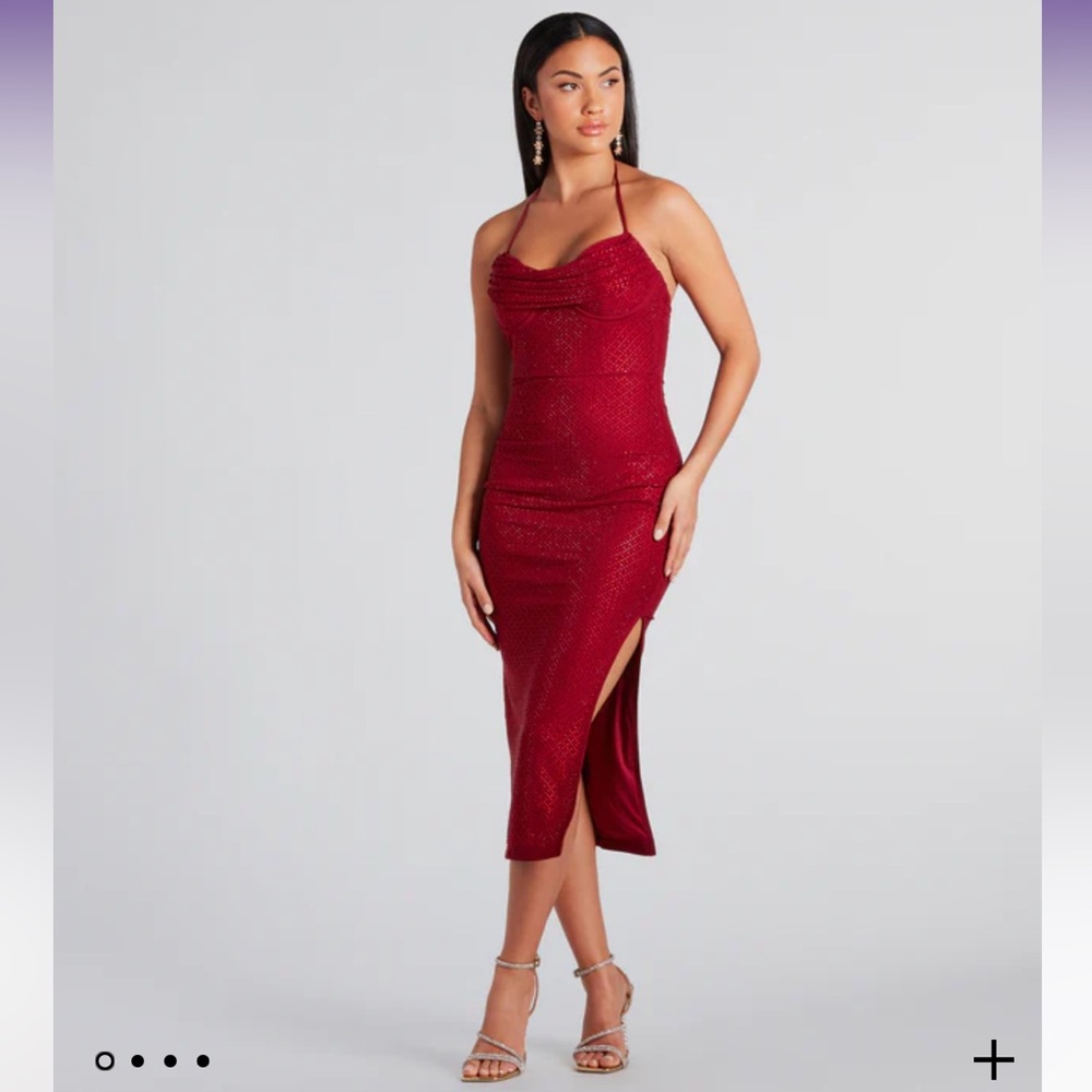 Josie Formal Rhinestone Cowl Halter Midi Dress -Red-Medium-windsore